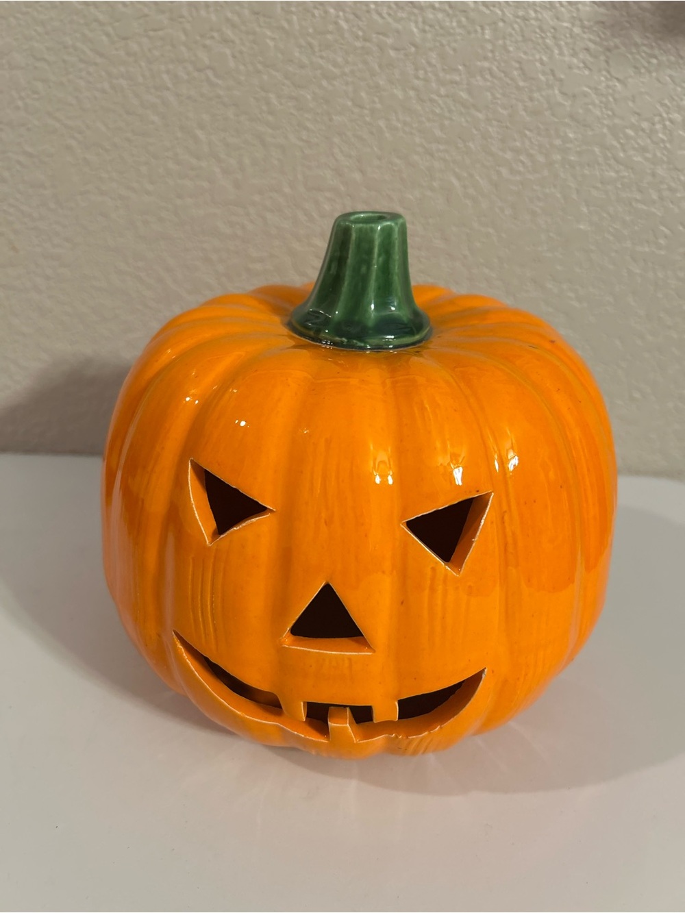 Vintage Ceramic Jack O Lantern Pumpkin Halloween Candle Holder/Cover Luminary
